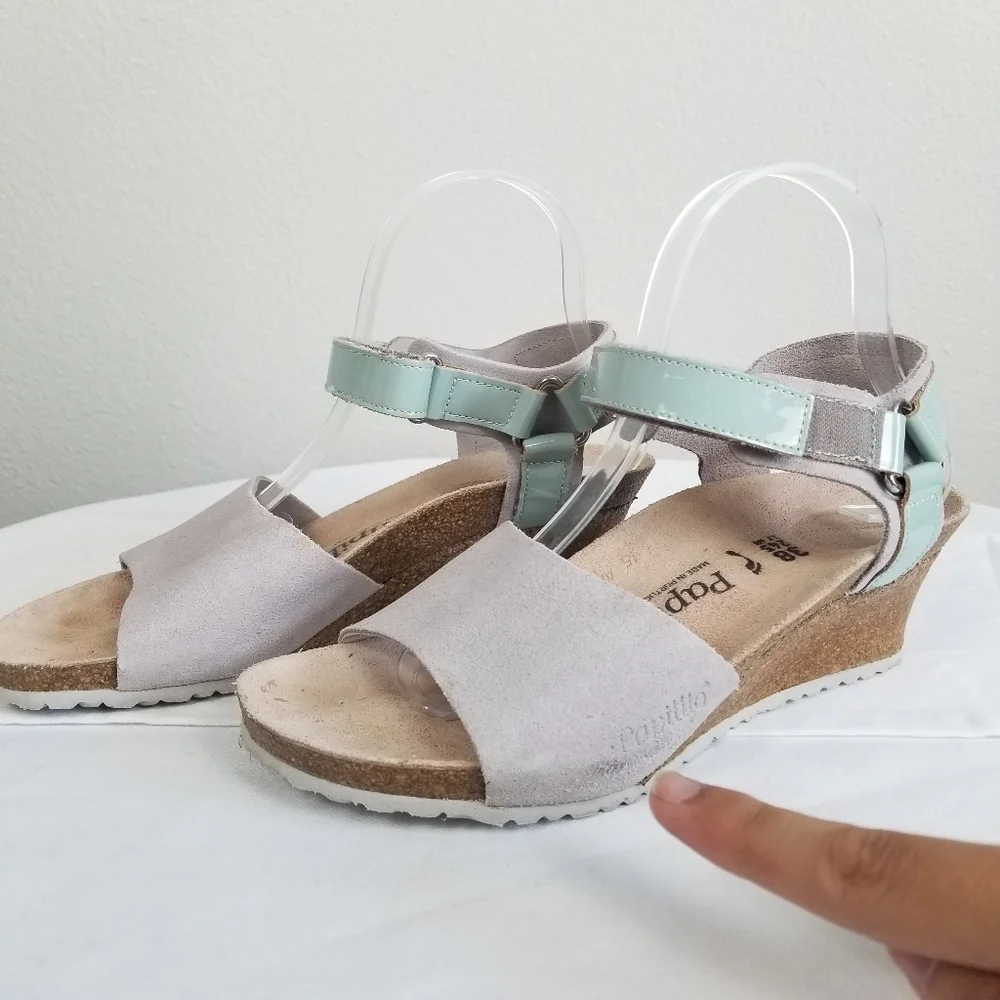 Papillio By Birkenstock Eve Wedge Suede Sandal in Blue Grey Size 7-7.5 Narrow